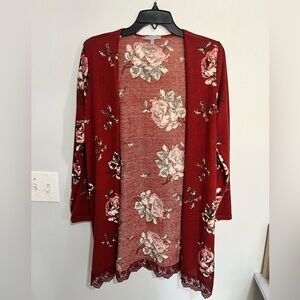 Burnt orange floral cardigan with lace